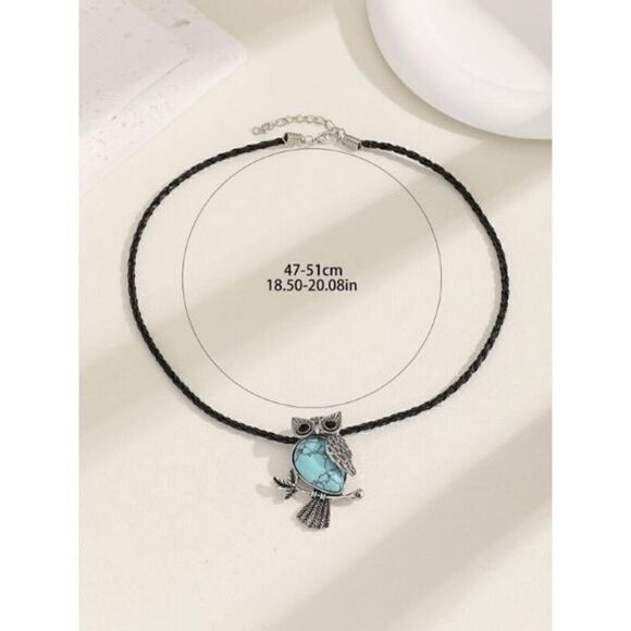 Silver Turquoise Black Diamond Owl Pendant Necklace - Picture 4 of 4